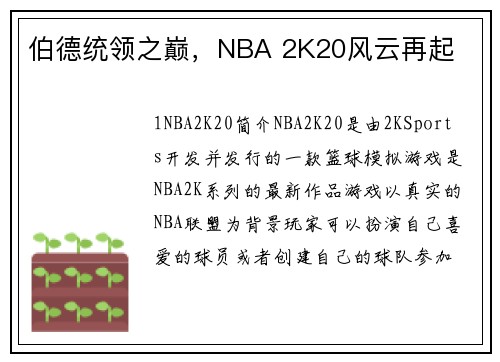 伯德统领之巅，NBA 2K20风云再起