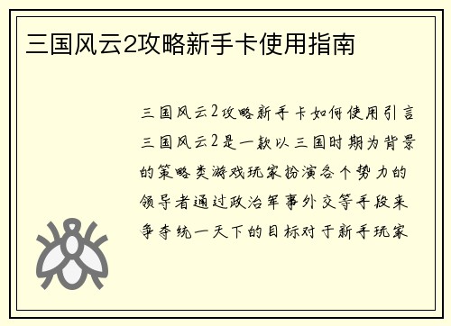 三国风云2攻略新手卡使用指南